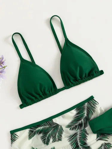 Vista 3 de SHENHE Traje de baño de 3 piezas con estampado de hojas, corte alto, triángulo, con falda de playa