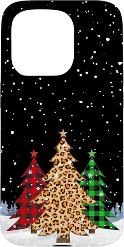 Vista 14 de iPhone 16 Árboles de Navidad con estampado de leopardo y cuadros