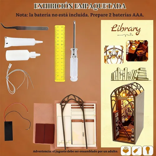Vista 7 de Kit de rincón de libros para bricolaje con luces LED, rompecabezas de madera 3D para insertar en estantería y decoración de casa de muñecas, kit
