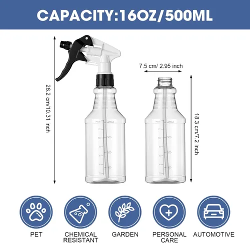 Vista 2 de Eccliy 20 botellas de spray de 16 oz, cilindro transparente, cabezal de Cabezal de pulverización blanco y negro