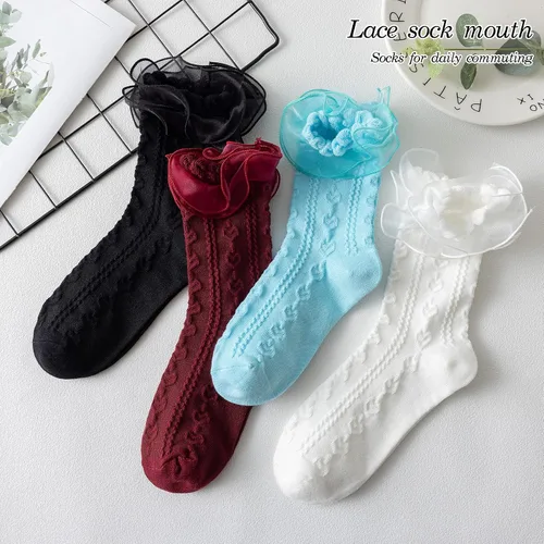 Vista 6 de SRYL Calcetines de tobillo para mujer, con volantes de encaje, cómodos, de algodón, a la moda, para damas, niñas, princesas