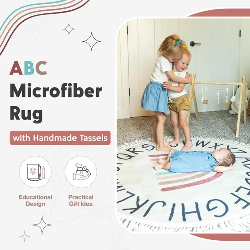 Vista 5 de ABC Lovely - Alfombra bohemia con diseño de arco iris, alfombra redonda de 4 pies para sala de juegos de niños pequeños, alfombra redonda para aula