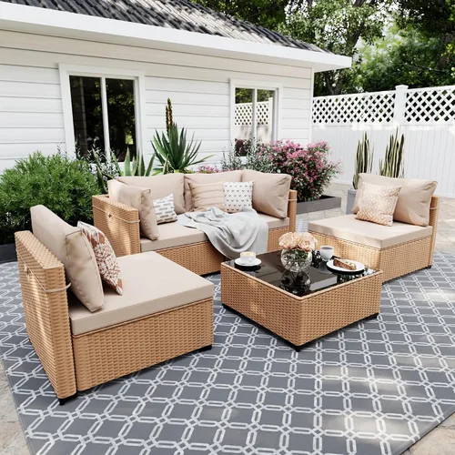 Vista 16 de UPHA Juego de muebles de mimbre para patio de 7 piezas con mesa auxiliar Cojín de ratán beige y beige
