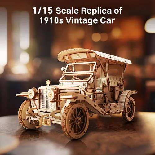 Vista 2 de ROKR Rompecabezas de Madera 3D Kits de Modelos de Coche para Construir para Adultos, Kit de Construcción de Modelos de Coche Vintage a Escala 1:15