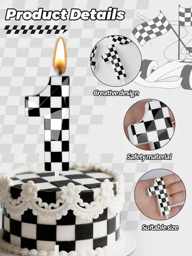 Vista 4 de Velas de cumpleaños de autos de carreras número 1, velas de cumpleaños a cuadros negros y blancos de 2.68 pulgadas, velas con números con temática