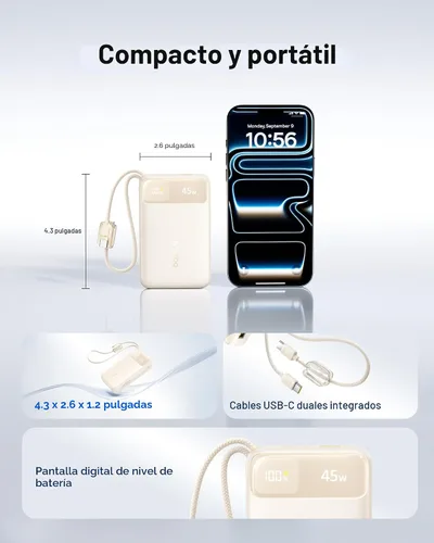 Vista 4 de Baseus Cargador portátil compacto de 20000 mAh de 45 W, banco de energía certificado CCC cables USB-C integrados, paquete de batería de carga rápida