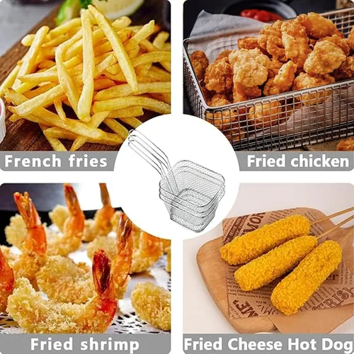 Vista 4 de 12 cestas cuadradas de acero inoxidable para freír con asa, cestas de alimentos para servir reutilizables, mini freidora con cesta para cocina