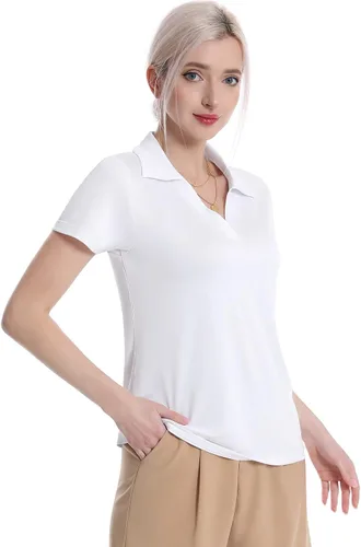 Vista 3 de Camisas polo con cuello en V para mujer, manga corta, cuello de golf Negro/Blanco/Gris
