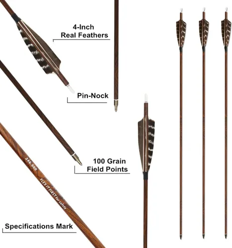 Vista 3 de Tiro con arco flechas de carbono de grano de madera eje 500 columna vertebral con plumas Fletching para caza tiro