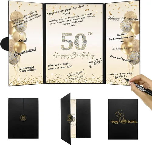 Vista 11 de DARUNAXY Decoraciones de fiesta de 50 cumpleaños en oro rosa para mujeres, libro de firmas alternativo de feliz 50 cumpleaños, tarjeta de firma