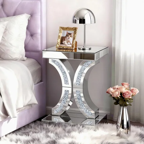 Vista 8 de Mesa auxiliar plateada con incrustaciones de cristal, mesa auxiliar moderna, mesa auxiliar cuadrada pequeña para sala de estar, dormitorio