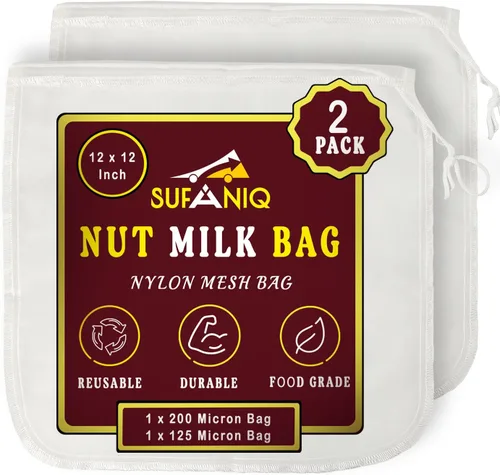 Vista 8 de SUFANIQ Bolsa de leche de nueces, 2 bolsas (12 x 12 pulgadas), bolsa de tela de queso 100% algodón sin blanquear para colar, bolsa de leche de nuez