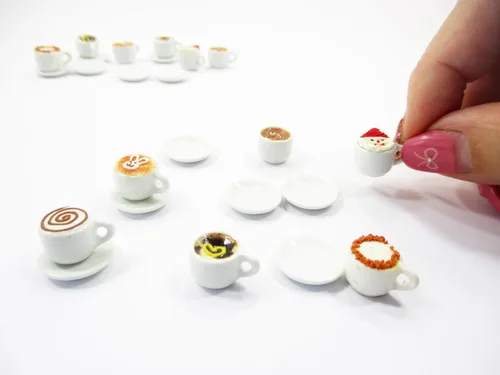 Vista 5 de Casa de muñecas Miniaturas Bebida Bebida Set 6 Taza de Cerámica de Café Mixto Suministro 14174 Mixed coffee cups saucers sets, ceramic mini 6 tea