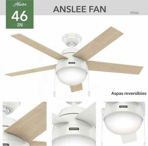 Vista 8 de Hunter Anslee, Ventilador de techo, para interiores, con luz LED, 46 Montaje estándar, cadena de tracción, 5 cuchillas, para dormitorio, sala