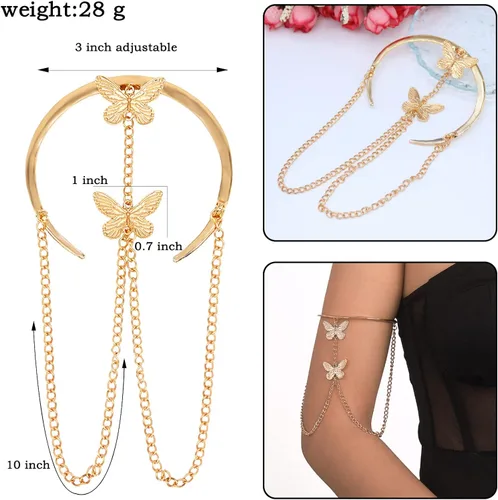Vista 3 de HSQYJ Brazalete con borlas de cadena de mariposa, brazalete ajustable y simple, joyería de moda para mujer, chapado en oro y plata