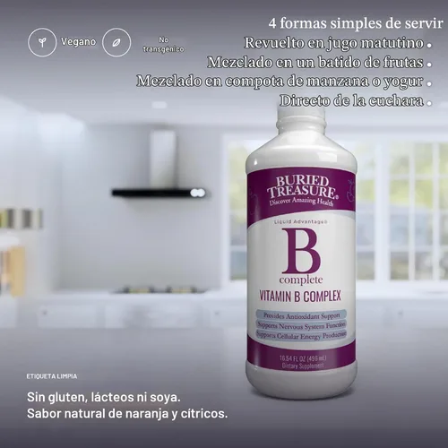 Vista 6 de Buried Treasure B Complete - Complejo líquido de vitamina B con metilcobalamina B12 y metilfolato B9, biotina, B1, B2, B3, B5, B6, líquido y sin