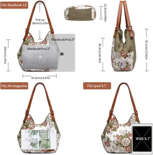 Vista 5 de Worldlyda Women Canvas Hobo Purse Multi Pocket Tote Shopper Shoulder Bag Casual Top Handle handbag with Embroidery Ethnic