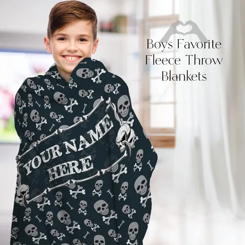 Vista 3 de Manta de esqueleto personalizada para niños, adolescentes o adultos, manta grande de felpa negra con tela de felpa suave, cálida, con calaveras