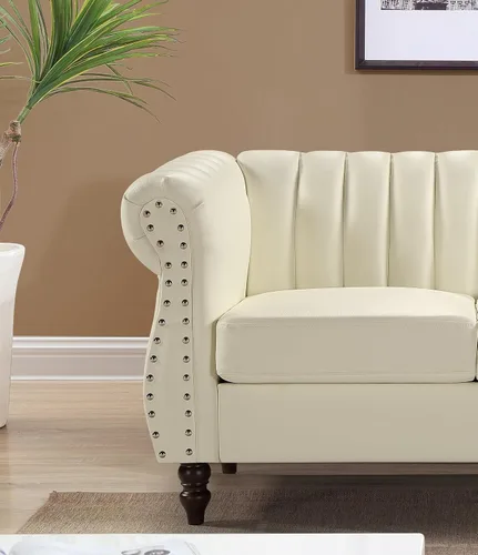 Vista 4 de Container Furniture Direct Sofá de piel sintética de 77 pulgadas inspirado en Chesterfield con diseño elegante, patas de calabaza y tapicería