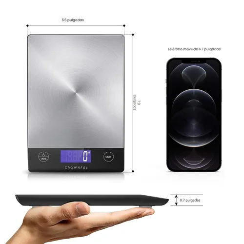 Vista 6 de CROWNFUL Báscula de alimentos, 33 libras, recargable, de acero inoxidable 304, báscula digital de cocina, gramos, onzas y onzas, con pantalla LCD