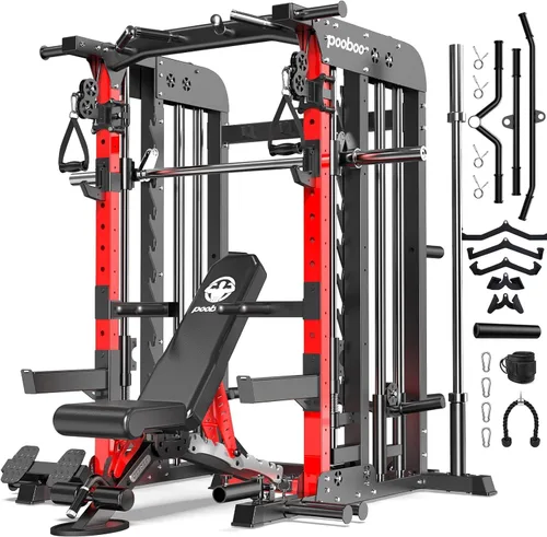 Vista 9 de pooboo Multi-Functional Machine Power Cage, 2000LB Squat Rack, LAT-Pull Down System, Dual Pulley Cable Crossover System, Home Gym Workout Machine