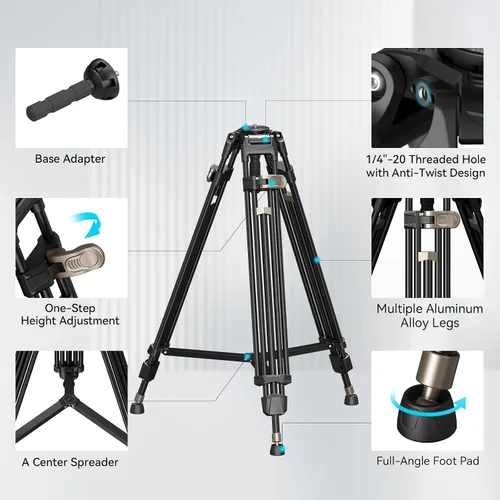 Vista 5 de SMALLRIG AD-80 FreeBlazer Trípode de aluminio resistente de aleación, trípode de video de 71 pulgadas con adaptador de cuenco de 75mm, ajuste