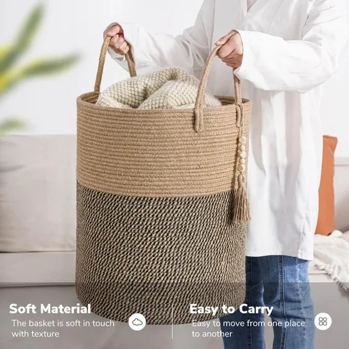 Vista 4 de Goodpick - Cesta tejida de yute para mantas decorativa, cesta de almacenamiento para toallas, zapatos, juguetes, cesta de lavandería alta para sala