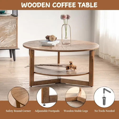 Vista 2 de Mesa de café redonda, mesa de café circular de madera de 35" con estante de almacenamiento, mesa central de 2 niveles para sala de estar