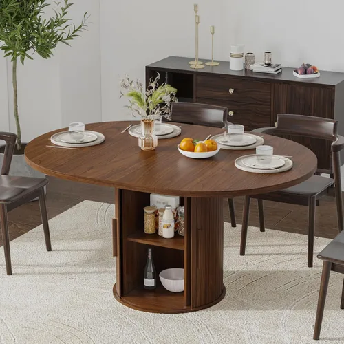 Vista 10 de Mesa de comedor redonda extensible de 43.3-59 pulgadas para 4-6-8, puerta corredera de madera estriada, mesa de cocina ovalada moderna, base
