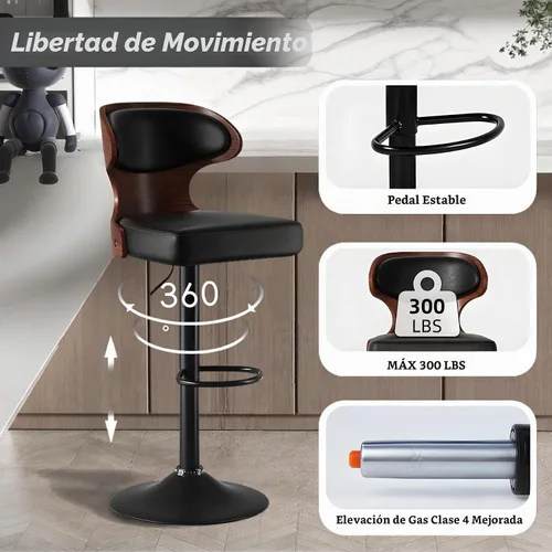 Vista 4 de Nalupatio Juego de 1 taburete de bar con altura ajustable de 24.5 a 33.5 pulgadas, taburetes de bar giratorios de madera curvada con respaldo y Negro