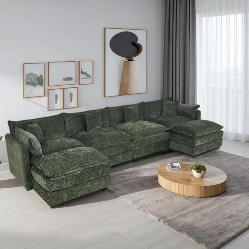 Vista 19 de Setawix Sofá Profundo de 3 Plazas con Otomana, Sofás de Nube en Forma de L de 112.2" para Sala de Estar, Sofá de Nube de Chenilla con Asiento Café