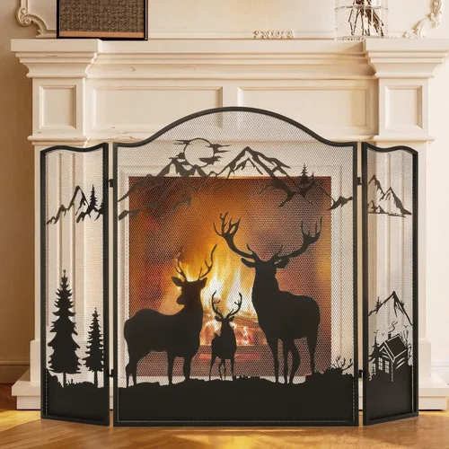 Vista 9 de Pantalla de Chimenea de Doble Puerta 5 en 1 49.6''x 30.7'' Grande 3 Paneles Plegable de Hierro Forjado Independiente Pantalla de Chimenea Rústica