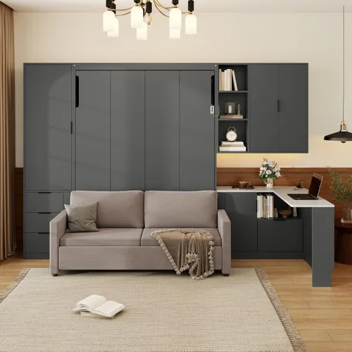 Vista 15 de Cama Murphy de Pared Tamaño Queen con Escritorio en Forma de L, Sofá de 2 Asientos y Luz, Marco de Cama Murphy Tradicional de Madera Maciza