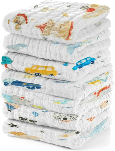 Vista 9 de Toallitas de muselina para bebé, toallitas para recién nacidos, paquete de 7 con patrón de animales, toallas absorbentes para baño y cara