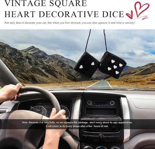 Vista 5 de 1 par de dados de felpa mullidos para espejo de automóvil, dados cuadrados retro de 3 pulgadas con forma de corazón, adorno colgante de dados retro