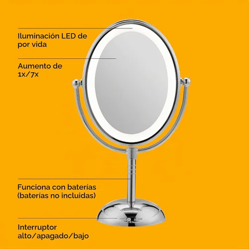Vista 2 de Espejo ovalado de aumento con luz LED de doble cara para maquillaje; 1 x/7 X ampliación; acabado de cromo pulido, de Conair