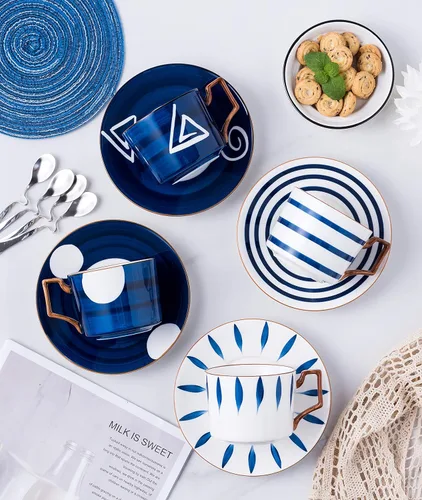 Vista 2 de Jusalpha Estilo japonés impreso a mano - Taza de té de porcelana fina de 7 onzas/taza de café con cuchara y bandeja/platillo, vajilla, porción de 4