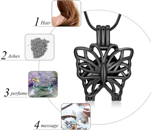 Vista 5 de Collar de urna de mariposa para cenizas, colgante de mariposa, collar de recuerdo de cremación para mujer Negro