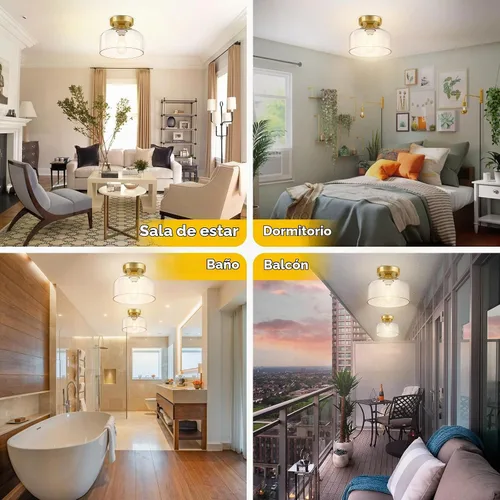 Vista 2 de Lámpara de techo semiempotrada dorada cepillada, pantalla colgante de vidrio transparente, lámpara moderna de granja para pasillo, pasillo, cocina