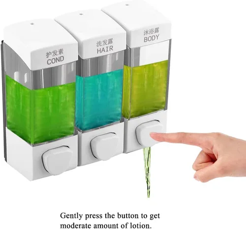 Vista 3 de Oumefar Dispensador de 3 cámaras y ducha montado en la pared, loción líquida, dispensador de champú manual, dispensador de ducha, 3 cámaras, sin
