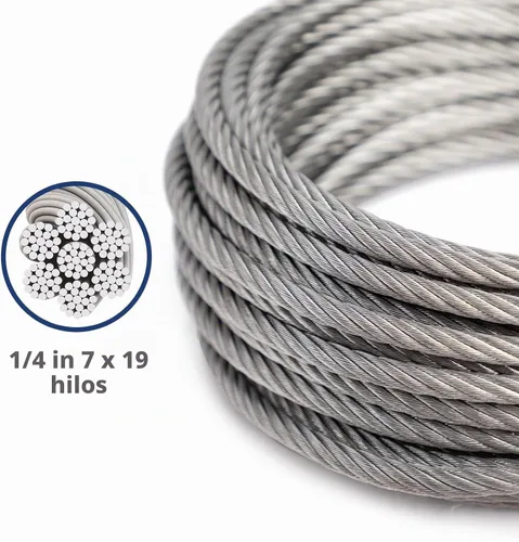 Vista 2 de DOEWORKS - Cable de acero inoxidable de 1/4 de pulgada, cuerda de alambre de 50 pies, construcción de 7 x 19 hebras