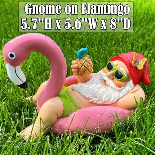 Vista 2 de Mood Lab Gnomo de jardín en flamenco, divertida figura de gnomo, estatua de césped de 8 pulgadas de profundidad, para decoración al aire libre