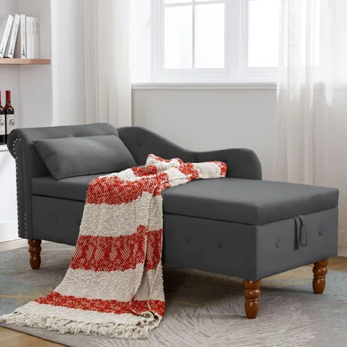 Vista 11 de Aoowow Banco de almacenamiento de terciopelo para dormitorio, extremo de la cama, sofá con brazo enrollado, tumbona para interiores con Gris 58