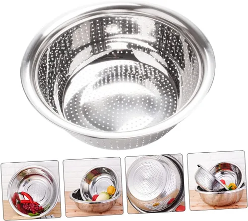 Vista 7 de Housoutil Tamiz de lavado de arroz de acero inoxidable, colador de arroz de acero inoxidable, escurridor de frutas, colador de verduras, cuenco