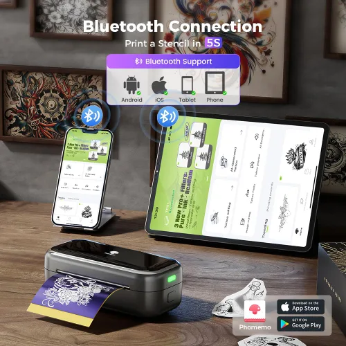 Vista 3 de Phomemo Impresora de plantillas de tatuaje TP31, inalámbrica, Bluetooth con 30 piezas de papel de transferencia, compatible con teléfono