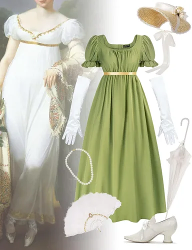 Vista 6 de Vestidos de regencia para mujer con cintura imperio, volantes, manga abombada, vestido largo