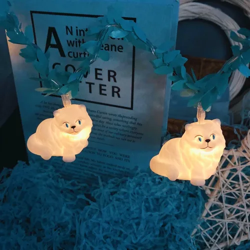 Vista 9 de Guirnalda de luces blancas de gato persa alimentadas por USB, lindo adorno de animales, luces LED de hadas para fiesta de Halloween, dormitorio Gato