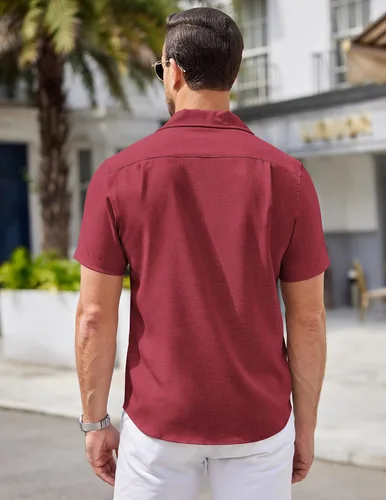 Vista 3 de COOFANDY Men Linen Shirts Beach Cuban Collar Shirts Summer Wedding Shirts Vacation Holiday