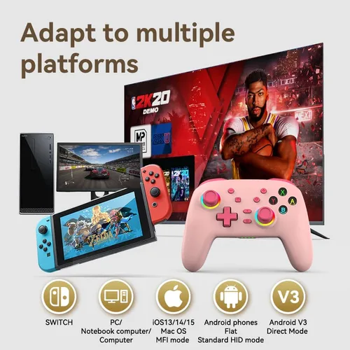 Vista 2 de RALAN Pink Wireless Pro Controller Compatible with Nintendo SwitchOLEDLite, with LED Color Light, Programmable Function, Wake-Up, Gyro Axis, Turbo