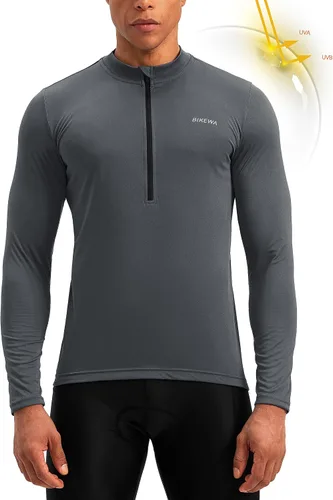 Vista 2 de Bikewa - Camiseta de ciclismo para hombre de manga larga con cremallera trasera 3+1, transpirable, UPF 50+, con media cremallera, para montar